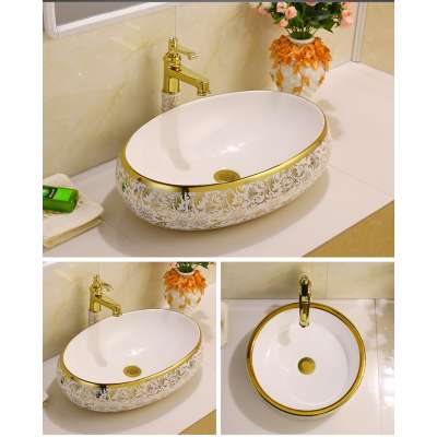 PATE porcelain basin manufacturer round art basin above counter wash hand basin electroplating gold ceramic basin